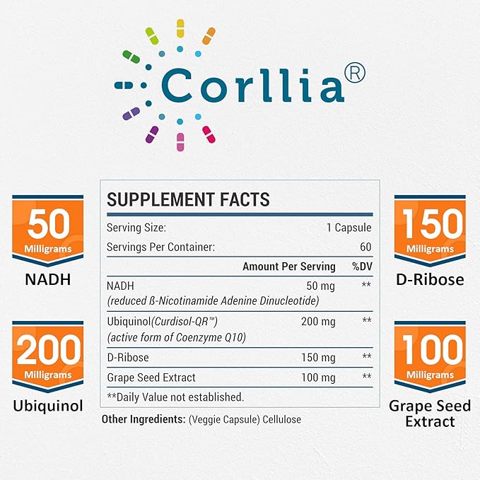 NADH 50mg + CoQ10 200mg + D-Ribose 150mg Supplement Enhance NAD+ Supplement for Energy Fatigue Reduced Nicotinamide Adenine Dinucleotide 120 Veggie Capsules