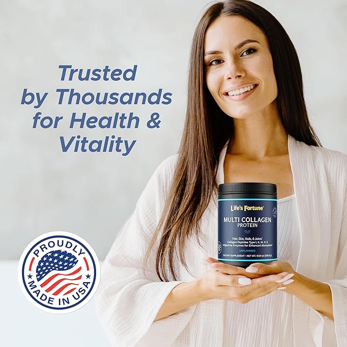 Life's Fortune Multi Collagen Peptides Powder Drink Plus for Women &amp Men - Type I II III V X Blend with Digestive Enzyme – for Skin Hair Nails Joints Health Unflavored 30 Servings