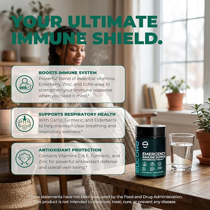 Premium Emergency Immune Support Supplement – Immune Booster for Adults – Vitamin C E B6 Zinc Elderberry Echinacea Garlic &amp Turmeric – Gluten Free Vegan Friendly – 60 Capsules