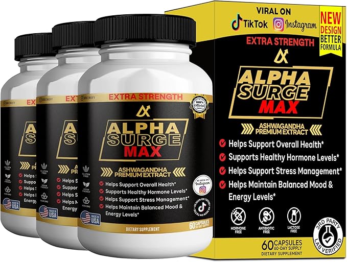 Alpha Surge Max Organic Ashwagandha Black Pepper Extract 60 Capsules Extra Strength Dietary Supplement (3)