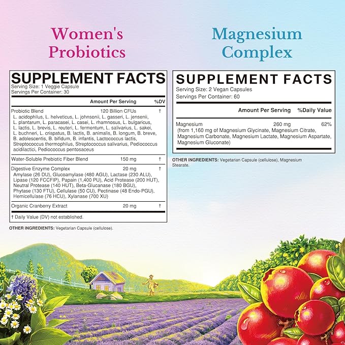 Vitalitown Probiotic + Magnesium Bundle (Pack of 2) | Women's Probiotics (Item 1) &amp Magnesium Complex (Item 2) | 30 Probiotic Capsules &amp 120 Magnesium Capsules