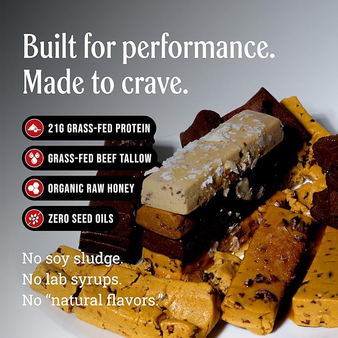 PRIMA ANCESTRAL PROTEIN BAR Grass Fed Protein Bars - 21G Protein – Animal-Based Protein Bar with Beef Tallow Raw Honey Seed Oil Free Low Carb Gluten-Free – Variety Pack - 7 Pack
