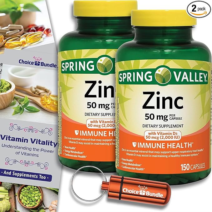 Spring Valley Zinc 50 mg with Vitamin D 50 mcg 150 Ct Immune Health Dietary Supplement Capsules 2 pk (300 Total) + Vitamin Vitality &amp Pill Container (4 Items)!