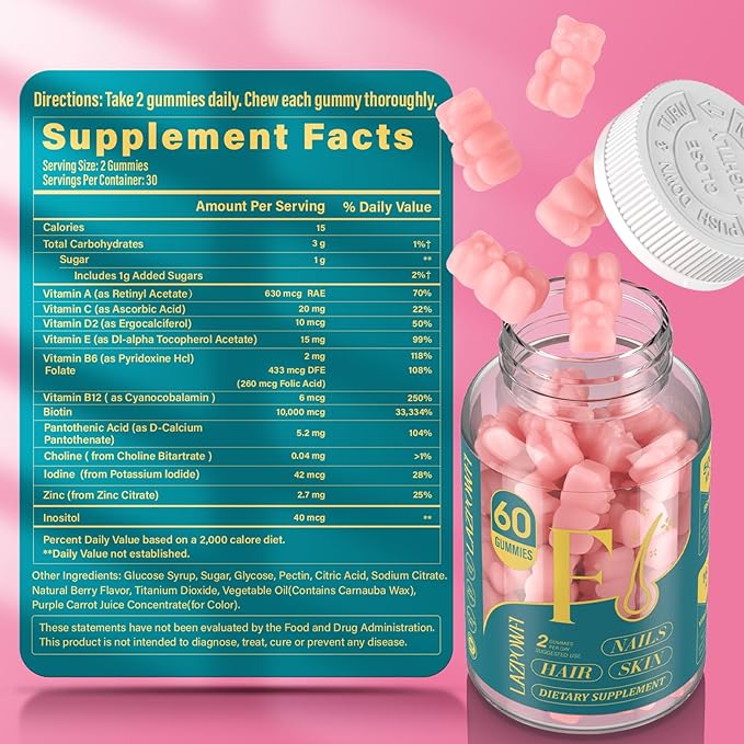 Biotin Gummies -Hair Skin and Nails Vitamins for Men &amp Women Vegan Vitamin B7 Supports Hair Growth and Stronger Nails60 Day Supply-Raspberry-2 Pack
