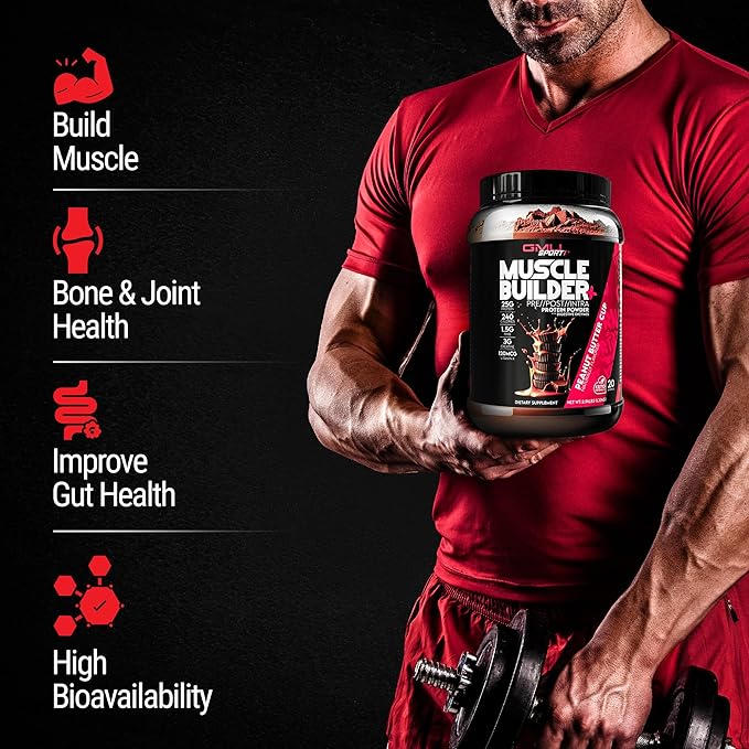 GMU SPORT – Muscle Builder+ Protein with 3g Creatine 1.5g HMB Collagen &amp Enzymes | 25g Protein 28g Carbs 240 Calories | Low Sugar Whey Protein for Strength Recovery &amp Muscle Growth – 20 S
