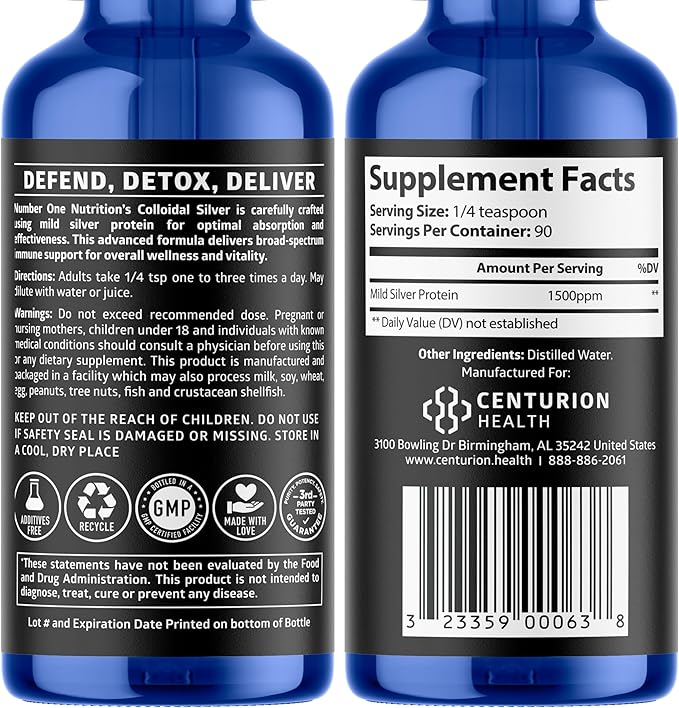 Premium Immune Defense Liquid Drops Supplement Homeopathic High-Grade Mild Silver Protein 1500PPM 4 FL OZ