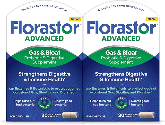 Florastor Advanced Gas and Bloat Probiotic Digestive Enzymes and Botanicals Plus Probiotics for Digestive Health 30 Capsules (Pack of 2)