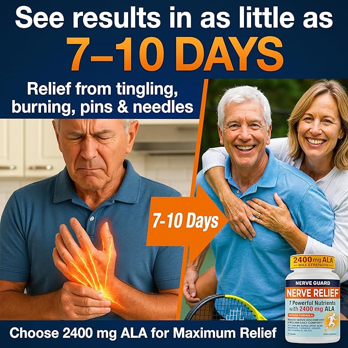 Nerve Relief with 2400 mg Alpha Lipoic Acid – 7 Powerful Nutrients to Support Feet Hands Toes – 2400mg ALA Vitamins B12 B6 &amp B1 Magnesium Turmeric – 60 Capsules