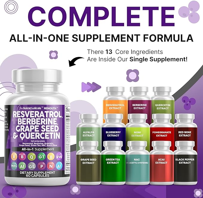 Clean Nutraceuticals Resveratrol Berberine Grape Seed Extract Quercetin Green Tea Extract Polyphenol Supplement for Women &amp Men N-Acetyl Cysteine Acai - 2Pack