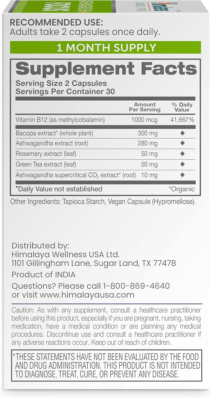 Himalaya Ashwagandha+ Focus - Herbal Focus Supplement with B12 Rosemary Green Tea and Bacopa Nootropics for Memory and Clarity - Vegan Non-GMO Gluten Free 1690 mg 60 Caplets