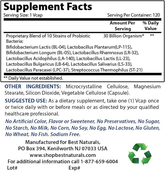 Best Naturals Probiotic 10 Strains &amp 30 Billion CFU &amp Vitamin B2 (Riboflavin) 400mg