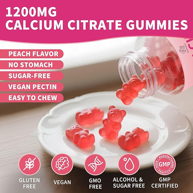 Calcium Citrate Gummies 1200 mg for Adults High Absorption Calcium Supplement for Women &amp Men Sugar Free Non-GMO Gluten Free Supports Muscle &amp Immune - Natural Peach Flavor