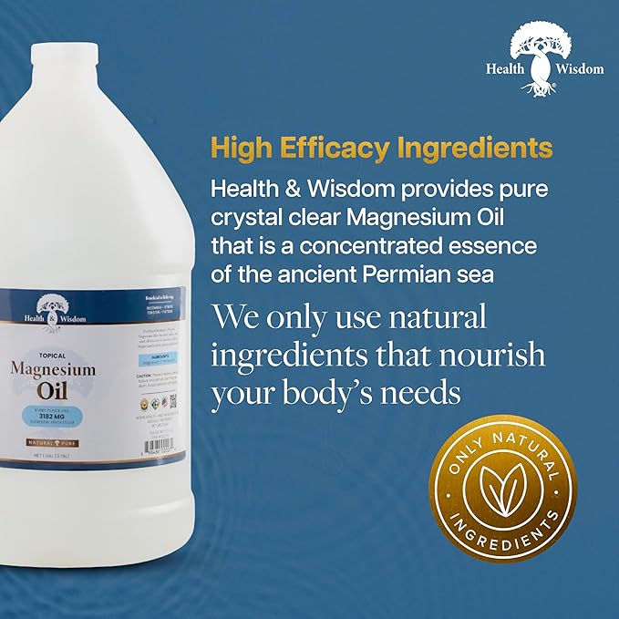 Health &amp Wisdom Pure Magnesium Oil - Topical Muscle &amp Joint Relief- Natural and Pure USP Grade Extra Strength Magnesium - Enhanced Absorption - 128 fl oz