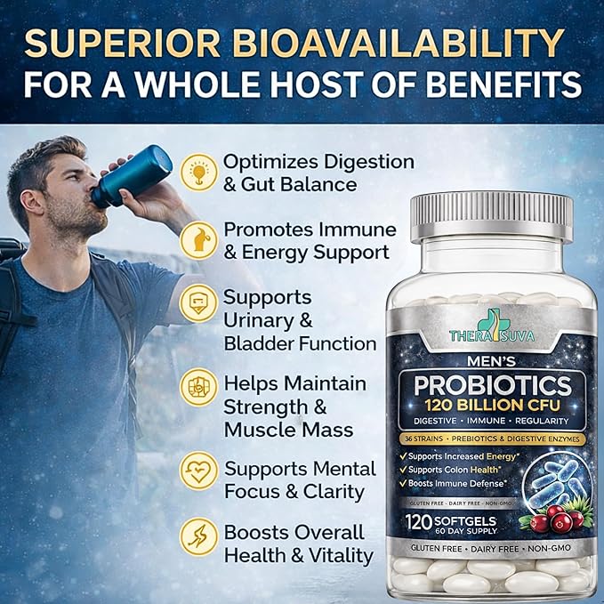 Mens Probiotic 120 Billion CFU 36 Strains + Prebiotics &amp Digestive Enzymes Digestive Gut &amp Immune Support 60 Day Supply 120 Capsules