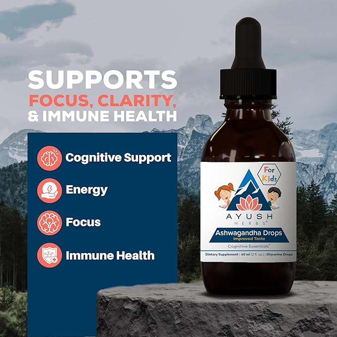 Ayush Herbs Ashwagandha Drops for Kids &amp Adults - Alcohol-Free Ashwagandha Drops Calming Daily Supplement for Calm Focus with Organic Ashwagandha Lemon Flavor - 2 Fl Oz (80 Servings)