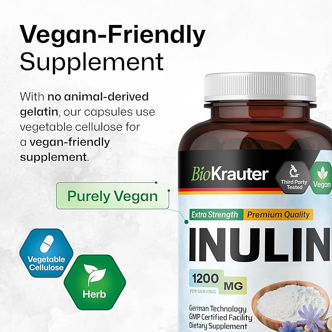 BIO KRAUTER® Inulin Powder from Chicory Root in Capsules 1200 mg per Serving 250 Count - Vegan &amp Pure Inulin Prebiotic Fiber for Gut &amp Digestive Support - No Fillers Non-GMO - 41 Days of Supp