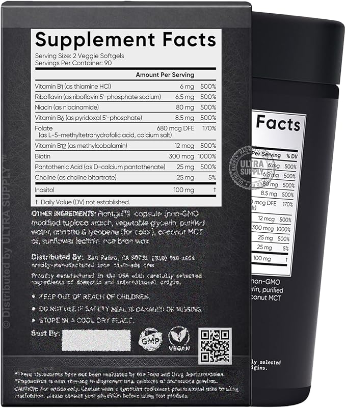Sports_Researchs Advanced B-Complex (180 Count.) Full Spectrum B Vitamins with Methylated Folate &amp B12 - Vegan Gluten Free Non-GMO Energy Support Formula