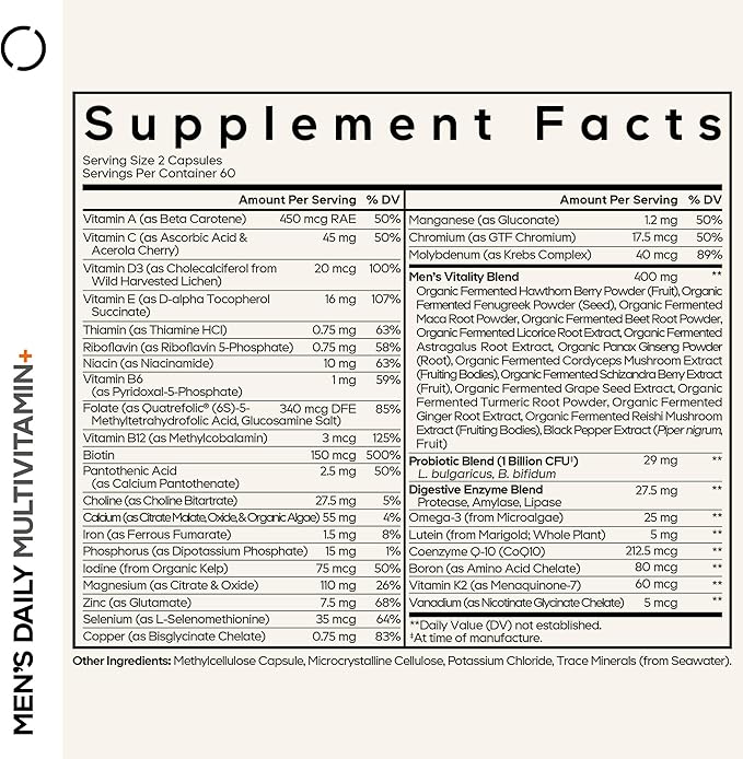 Codeage Men’s Daily Multivitamin – 25+ Essential Vitamins &amp Minerals Organic Whole Foods Probiotics Omega-3 Zinc Vitamins A B C D E &amp K – 120 Capsules