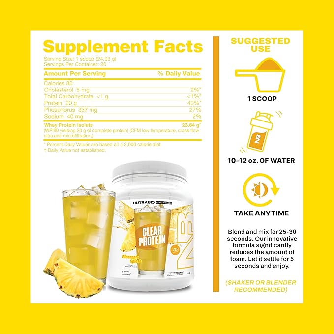 NutraBio Clear Protein Powder Pineapple Splash - 20 Servings 20g Clear Whey Protein Isolate 0 Sugar 0g Lactose Refreshing Fruit Flavors GLP1 Support - Bone Health - Muscle Post Workout Recovery