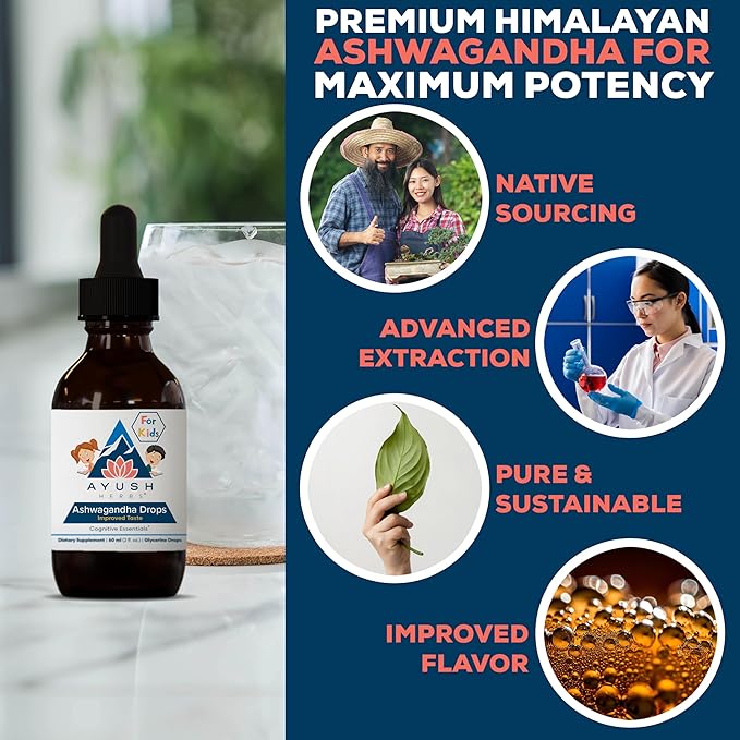 Ayush Herbs Ashwagandha Drops for Kids &amp Adults - Alcohol-Free Ashwagandha Drops Calming Daily Supplement for Calm Focus with Organic Ashwagandha Lemon Flavor - 2 Fl Oz (80 Servings)