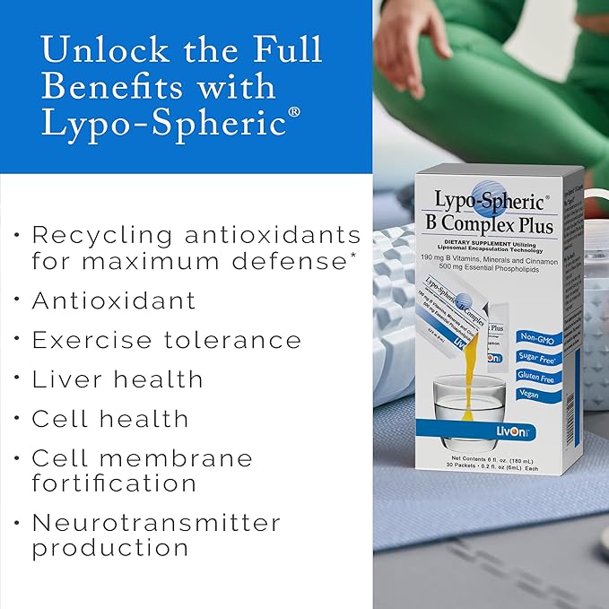 LivOn Laboratories Lypo–Spheric B Complex Plus – 30 Packets – 195 mg B Vitamins Minerals &amp Cinnamon Per Packet – Liposome Encapsulated for Improved Absorption – 100% Non–GMO