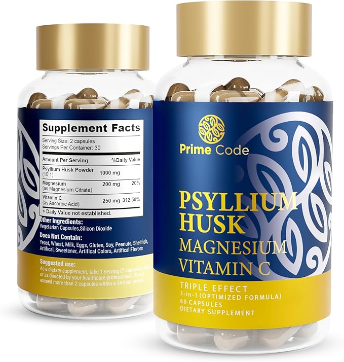 Prime Code CoQ10 250mg with Magnesium Glycinate and Vitamin E Psyllium Husk Capsules with Magnesium Citrate and Vitamin C