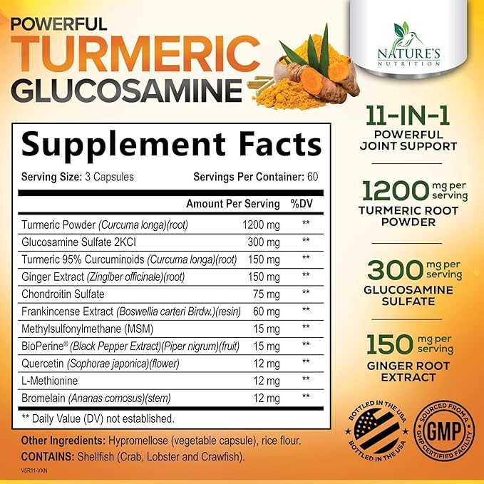 Turmeric Curcumin Supplement - 95% Curcuminoids with Glucosamine Ginger &amp MSM BioPerine Black Pepper Extract for Best Absorption Natural Vegan Joint Support Non-GMO Bottled in USA - 180 Capsu