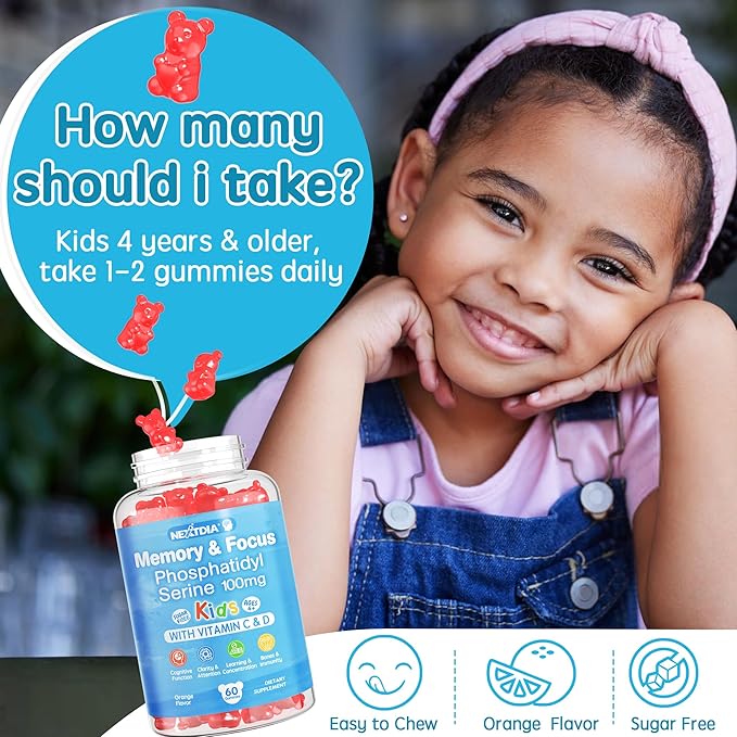 Phosphatidylserine Supplement 100mg Focus Gummies for Kids Teens + Vitamin C &amp D3 400IU Sugar Free Kids Brain Gummies Increase Attention &amp Concentration Chewable Vegan Gluten Free Non-GM