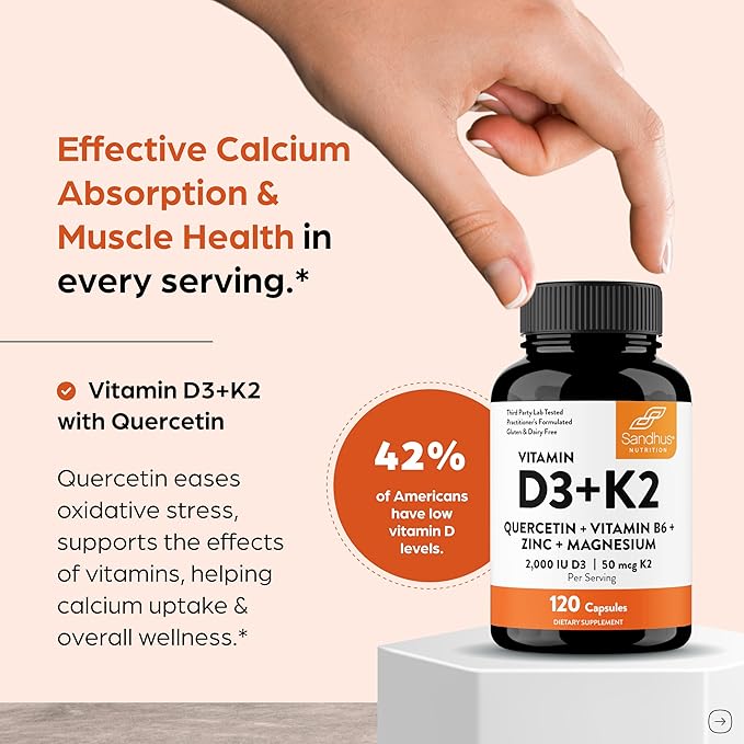 Sandhu's Vitamin D3 K2 Magnesium 2000 IU 50mcg K2 Capsules 120 Count (Pack of 2) | with VIT B6 Zinc &amp Quercetin | D3K2 Supports Superior Absorption Energy Immune Muscle Health for Men &amp W
