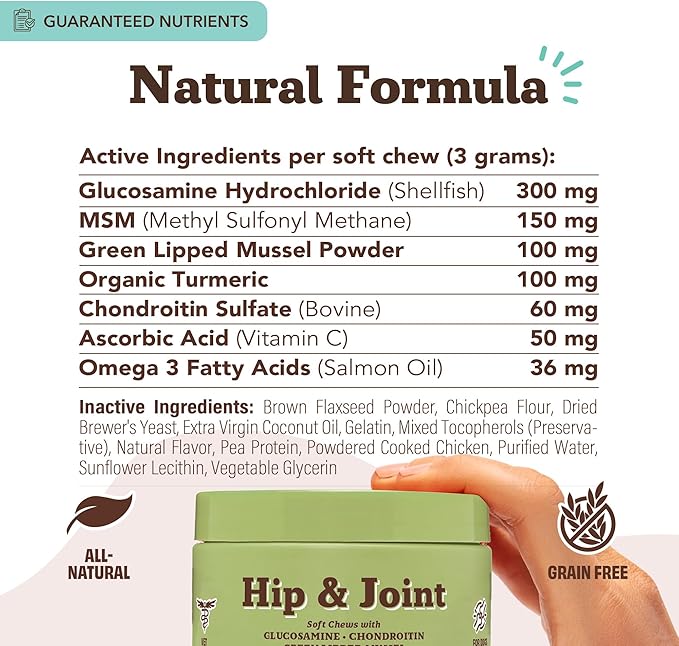 Natural Dog Company Hip &amp Joint Chews for Dogs with Glucosamine for Dogs + Chondroitin MSM &amp Turmeric Supports Mobility &amp Reduces Discomfort Stiffness Natural Pain Relief Joint Supplem