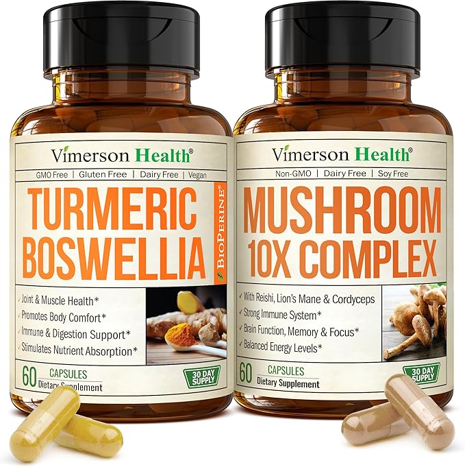 Boswellia Turmeric Curcumin Supplement + 10-in-1 Mushroom Powder Supplement Bundle – Supports Joint Health Memory &amp Focus – with Ginger Organic Turmeric Powder Lion’s Mane Reishi Mushroom &amp