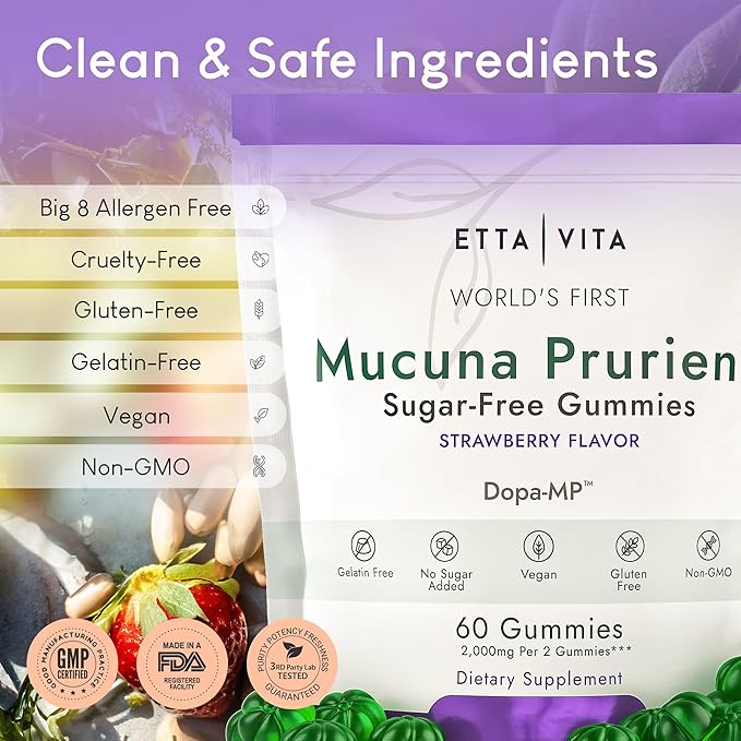 Dopamine Supplement - Sugar-Free Mucuna Pruriens Gummies (2g/serving) Energy &amp Focus Gummies - Potent Mucuna Pruriens Extract Supplement for Calm Mood and Motivation Vegan Non-GMO Gluten-Free