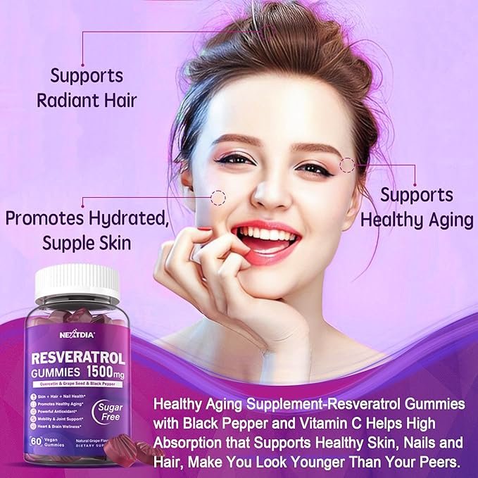 Sugar Free Resveratrol Gummies 1500mg + CoQ10 200mg 100mg Filled Gummies with Magnesium Support Healthy Aging &amp Longevity