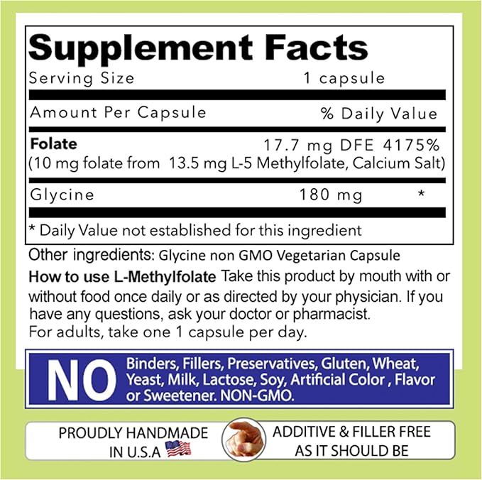 Our Daily Vites L-Methylfolate 10 mg / 10000 mcg Maximum Strength Active Folate 5-MTHF Filler Free Gluten Free Non-GMO Vegetarian Capsules 90 Count (3 Month Supply) (90)
