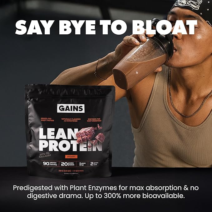 Gains in Bulk Lean Protein Powder with Collagen Peptides Gluten Free Grass Fed Whey 20 G Protein &amp 5 G Collagen Plant Enzymes to Support Digestion Natural Ingredients Brownie Flavor 27 Servi