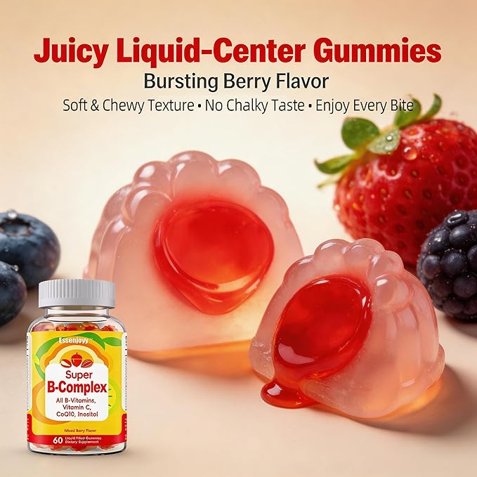 Liquid-Filled B Complex Gummies for Daily Routine Juicy Berry Flavor Complete B Vitamins with Vitamin C CoQ10 &amp Inositol Easy to Enjoy 60 Gummies x 2 (120 Total)