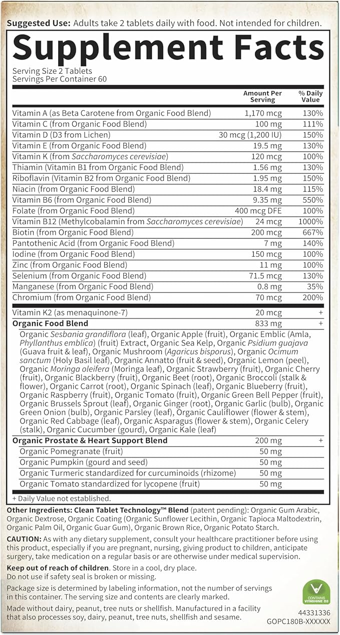 Garden of Life Organics Whole Food Multivitamin - Men 40+ 120 Tablets Vegan Mens Multi for Health &amp Well-Being Certified Organic Whole Food Vitamins &amp Minerals for Men Over 40 Mens Vitamin(Pa