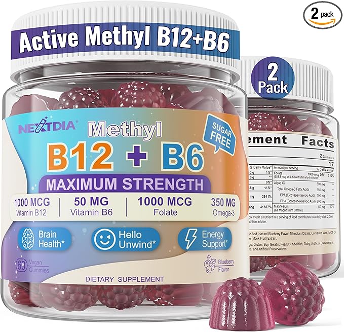Vitamins B12 &amp B6 Gummies Boost Energy w/Methyl B12 1000mcg L-Methylfolate B6 Omega-3 DHA Magnesium | Methylated B-Complex Multivitamin Supplement for Brain Function &amp Methylation Vegan