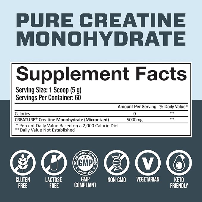 CREATURE® Creatine Monohydrate – NSF Certified for Sport® Tested for 288+ Banned Substances– Pure Micronized Powder for Muscle Strength Recovery &amp Brain Support – Unflavored 300G 60 Servings