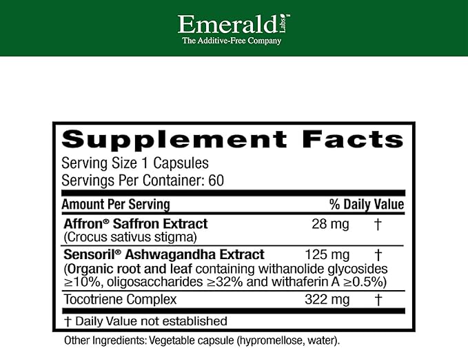 Emerald Labs Elevated Mood - Stress Management Supplement with Sensoril Ashwagandha Extract &amp Affron Saffron Extract - 60 Vegetable Capsules (30-Day Supply)