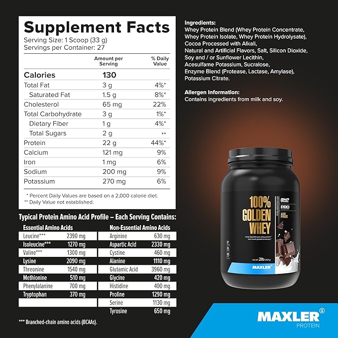 Maxler 100% Golden Whey Protein - 22g of Protein per Serving - Whey Protein Powder for Pre Post Workout - Fast-Absorbing Whey Concentrate Isolate &amp Hydrolysate Blend - Rich Chocolate Protein 2 lb