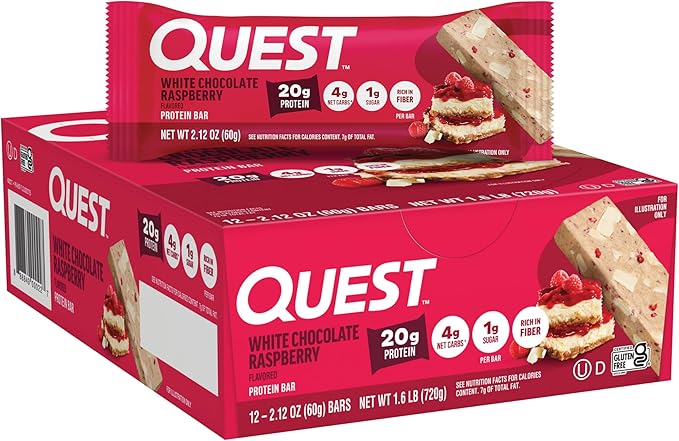 Quest Nutrition White Chocolate Raspberry Protein Bars 20g Protein 1g Sugar 5g Net Carb High Fiber Gluten Free Keto Friendly 12 Count