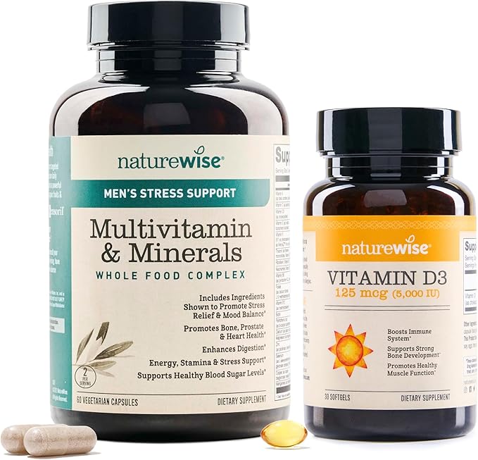 NatureWise [1 Multivitamin for Men + Stress Support - 60 Capsules[30-Day Supply] + [1] Vitamin D3 5000iu + Organic Olive Oil - 30 Mini Softgels[30-Day Supply]