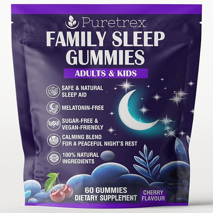 Family Sleep Gummies for Adults &amp Kids – Melatonin-Free Cherry Flavor – Vegan Sugar-Free Natural Calming Blend with Magnesium L-Theanine Chamomile &amp Ashwagandha – 60 Gummies