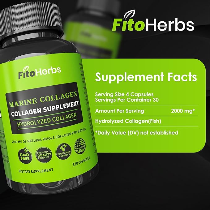 Hydrolyzed Collagen Capsules - Supplement for Hair Skin &amp Nails Joint &amp Bone Support - High Potency Non-GMO - Premium Daily Health Formula - 2000mg Marine Collagen - 120 Capsules