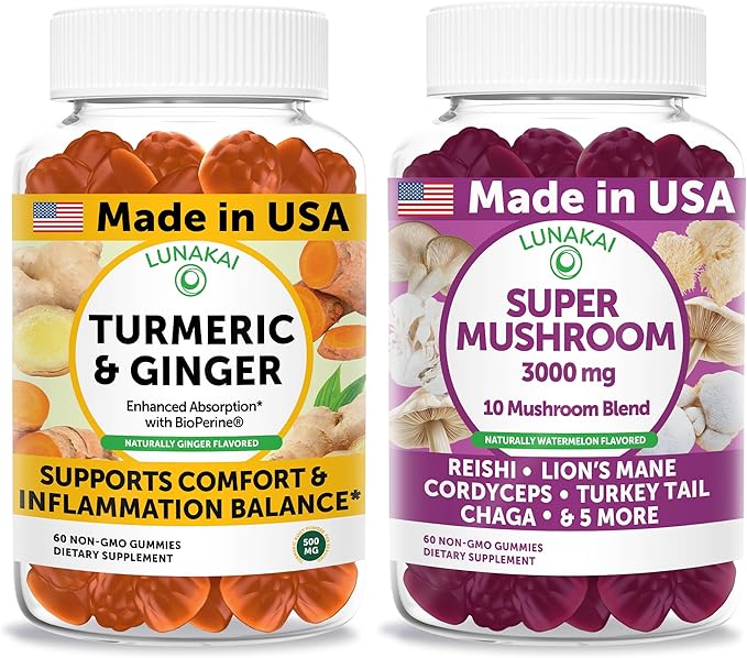 Lunakai USA Made Turmeric &amp Ginger + Super Mushroom Gummies Bundle – Naturally Flavored Non-GMO – 60ct Each