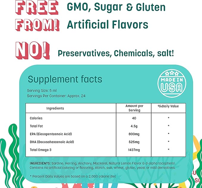 GreenPeach Omega 3 for Kids - 4oz Lemon Flavor Liquid Supplement 525mg Toddler DHA &amp 800mg EPA Natural Formula Kids Fish Oil
