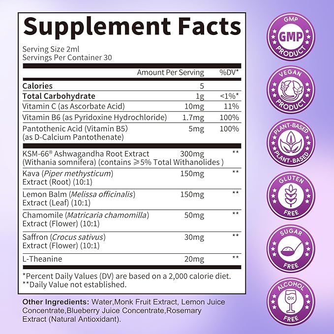 Cortisol Supplements for Women Cortisol Reducer Manager Detox with KSM-66® Ashwagandha Kava Lemon Balm &amp Vitamin C B5 B6 Lower Cortisol Hormone Harmony Liquid Drops 2 FL.OZ Blueberry Flavor