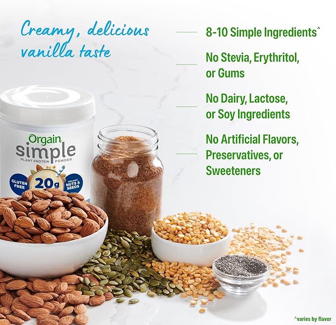 Orgain Organic Simple Vegan Protein Powder Vanilla - 20g Plant Based Protein Made with less Ingredients No Artificial Sweeteners Gluten Free No Dairy or Lactose 1.25 lb (Packaging May Vary)