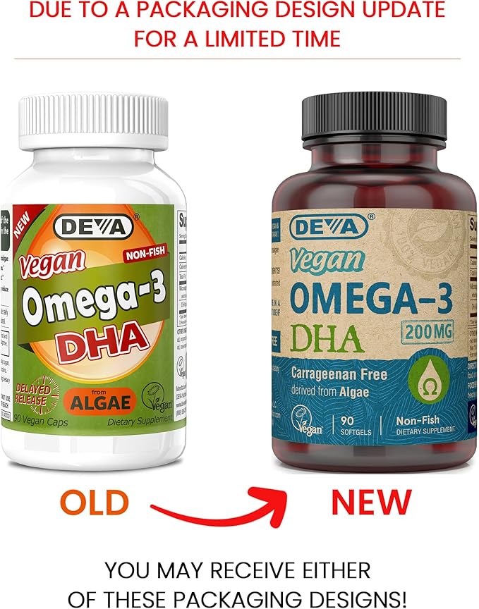Deva Vegan Omega-3 DHA Supplement - Once-Per-Day Softgels 200 MG - Carrageenan Free - Gelatin Free - Non-Fish - Algae Oil Omega-3 Fatty Acids - 90 Softgels